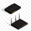 Wifi router and modem, isometric devices, wireless technology, vector illustration. Realistic internet technology communication devices.