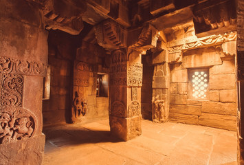 Wall Mural - Columns of architecture landmark, Hindu temple in Pattadakal, India. UNESCO World Heritage site with stone carved temples of 7th and 8th-century.