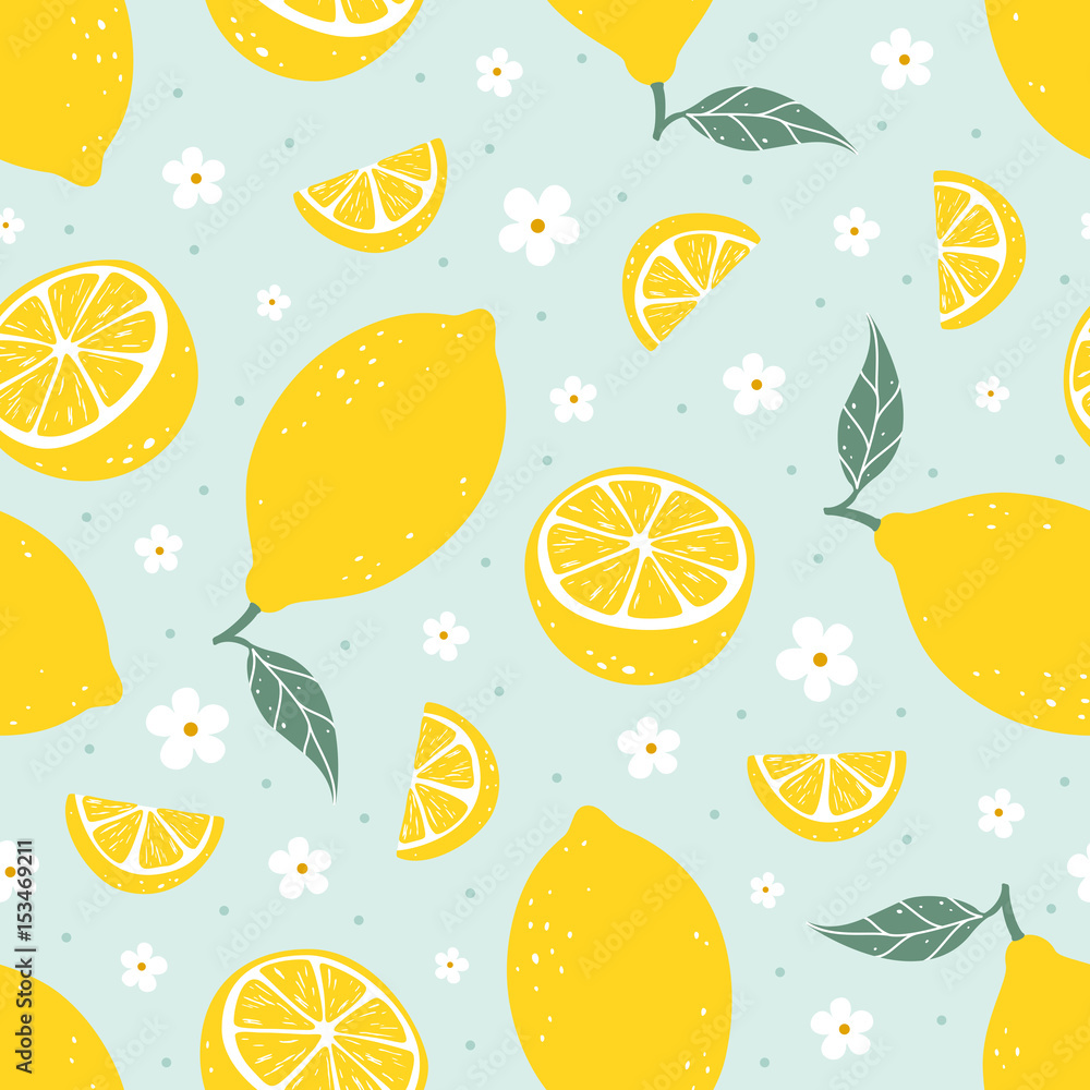Lemon seamless pattern on light blue background. Vector illustration ...