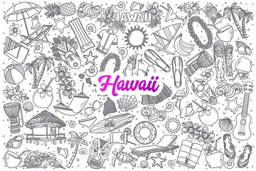 Wall Mural - Hand drawn Hawaii doodle set background with purple lettering in vector