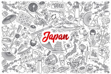 Hand Drawn Japan Doodle Set Background With Red Lettering In Vector