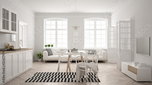 Minimalist Modern Kitchen With Dining Table And Living Room