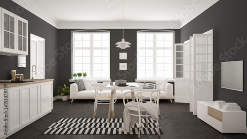 Minimalist Modern Kitchen With Dining Table And Living Room