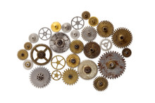 Steampunk Machinery Ornament Style Mechanical Design Isolated On White. Retro Technology Still Life Concept. Abstract Shape Object With Many Textured Cogs Gears Wheels Golden Silver Shabby Surface.