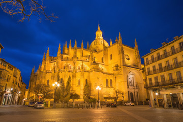 SEGOVIA, SPAIN, APRIL - 15, 2016: The Plaza Mayor square and the Cathedral Nuestra Senora de la Asuncion y de San Frutos de Segovia at dusk.