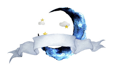 Watercolor illustration with ribbon for text and moon. Half moon with stars. Art banner for your design.