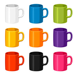 Colored mugs templates. Set of promotional gifts and souvenirs