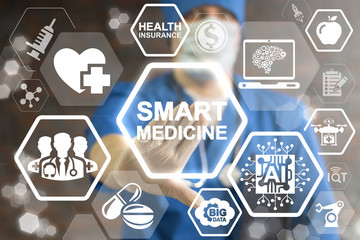 Wall Mural - Smart Medicine Concept. Innovative Technologies in healthcare. Health care innovation information technology integration. Doctor touched icon SMART MEDICINE text on virtual screen. Data, IOT, AI.