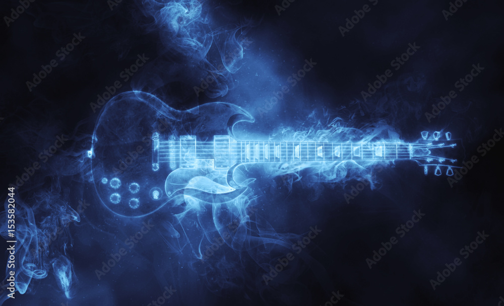 Awesome hard rock guitar in smoke form - obrazy, fototapety, plakaty 