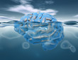 Brain under water 3D render, subconscious mental life and brainstorm idea.