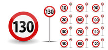 Round Red Road Sign Speed Limit 10-130 Kilometers Per Hour. Vector Illustration.