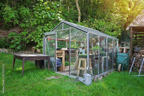 Fotomural petit serre en kit dans jardin particulier en été