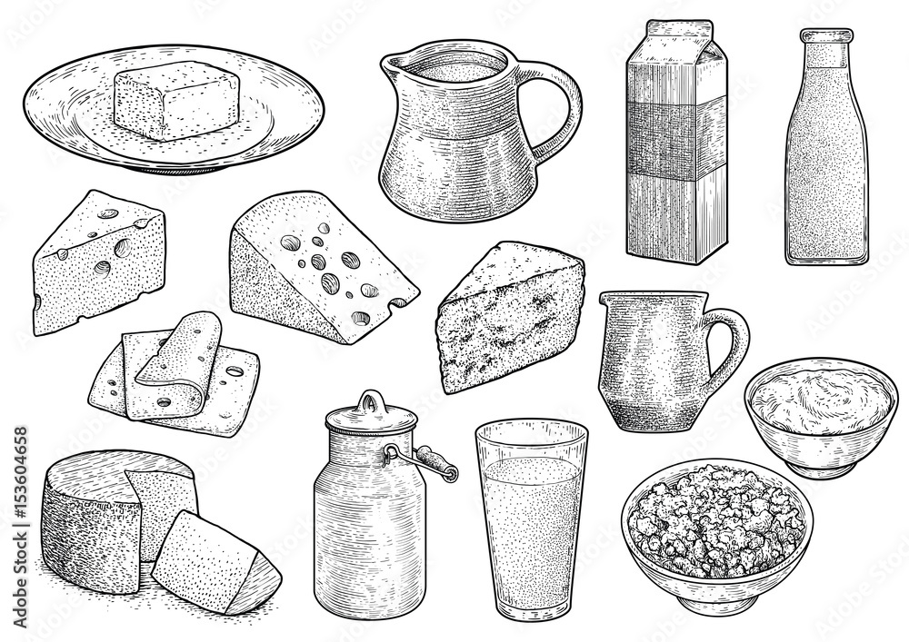 Dairy prodict illustration, drawing, engraving, ink, line art, vector ...