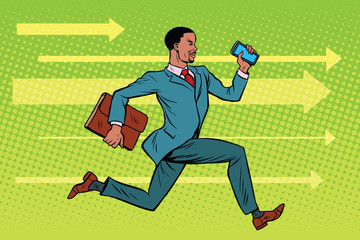 Wall Mural - Businessman with a smartphone running fast forward