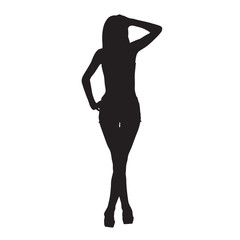 Wall Mural - Sexy slim woman in shirt and shorts, vector silhouette, hand in hair