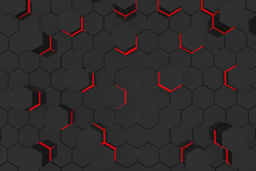 red light abstract background in black hexagons geometric in 3d rendering