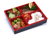 Saba Bento Set , Lunch Box Of Grilled Saba Fish Isolated On White Background