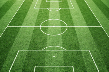 Soccer play field ground lines on sunny grass pattern background. Goal side perspective used.