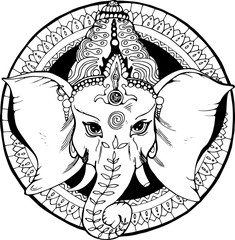 Illustration of an elephant ganesha, a Hindu god. Black and white drawing