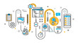 © rdomino - Flat line illustration concept of graph, plan, scheme, algorithm, step of mobile application development process, app design, programming, coding, building and debugging for website banner