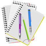 Fototapeta Tęcza - Three notebooks,  purple  pen, blue pen and green pencil on a white background
