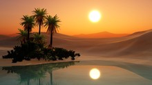 Oasis, Sunset In The Sandy Desert, Palm Trees Over The Water, 3d Rendering