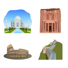 Famous Wonders Of The World: Taj Mahal, Petra, Colosseum, The Great Wall.