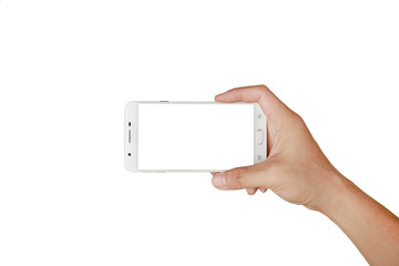 Hand holding mobile smartphone with white screen. Mobile photography concept. Isolated on white.