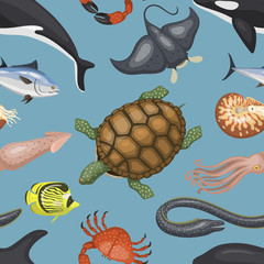 Wall Mural - Sea animals illustration tropical character wildlife marine aquatic tropic fishes sealess pattern vector background