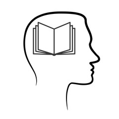 Wall Mural - outline design icon with human head, brain and open book. Abstract outline Man head and open book icon. Face profile view