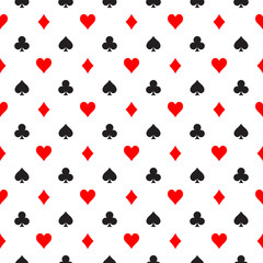 Wall Mural - Seamless pattern background of poker suits - hearts, clubs, spades and diamonds - arranged in the rows on white background. Casino gambling theme vector illustration.