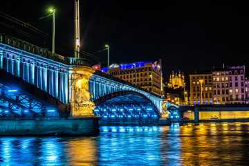 Wall Mural - Blue Hour near the Rhone and Pont Lafayette in the beautiful city of Lyon