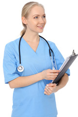 Smiling young nurse portrait isolated over white background. 