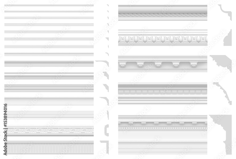 Set of cornices and friezes isolated on white background. 3D visualization of gypsum stucco. Seamless texture of classic white plinth. - obrazy, fototapety, plakaty 