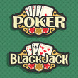 Vector logo Poker and Black Jack: playing cards four aces for gambling game poker, chips for casino, card combination of three 7 on green seamless pattern background, art lettering on blackjack theme.