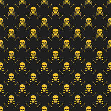 Abstract Pattern. Yellow Skulls On A Black Background. Death In The Dark. Crossbones. Vector Illustration In A Flat Style