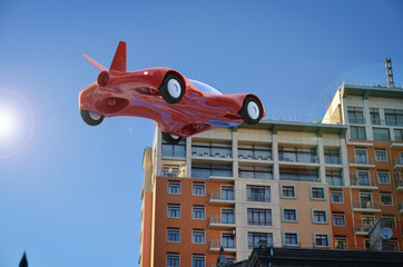 Wall Mural - Red Air Car Flying In The City, Flying High-speed Vehicle Of The Future, Futuristic Vehicle, Air Car Concept - 3D Rendering