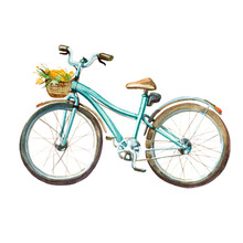 Watercolor Illustration. Girl's Mint Bicycle With Basket Full Of Yellow Flowers.