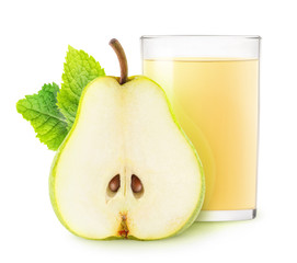 Poster - Isolated drink. Glass of pear juice and half of fruit isolated on white background with clipping path