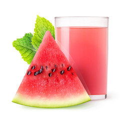 Wall Mural - Isolated drink. Glass of watermelon juice and one slice of fruit isolated on white background with clipping path