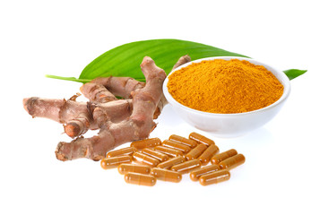 Wall Mural - Turmeric capsule on white background