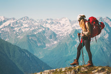 Girl Traveler Hiking With Backpack At Rocky Mountains Landscape Travel Lifestyle Concept Adventure Summer Vacations Outdoor