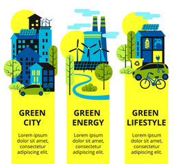 Green city set. Environmental protection, ecology concept vertical banners set. Vector illustration. Eco-city, green energy, lif