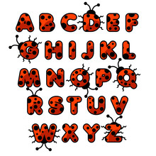 Cute Cartoon Ladybug Zoo Alphabet. English Abc Animals Education Cards Kids On White Background