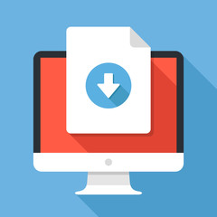 Wall Mural - document download button on computer screen. document icon and desktop pc. downloading files concept