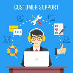 Wall Mural - Customer support. Call center operator with headset at computer. Flat icons and thin line icons set, modern flat design graphic elements. Vector illustration