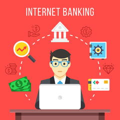 Internet banking. Businessman at computer at work in office. Flat icons and thin line icons set, modern flat design graphic elements. Vector illustration