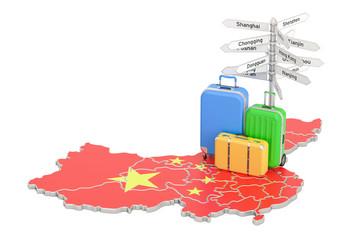 China travel concept. Chinese flag on map with suitcases and signpost, 3D rendering