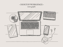 Workplace With Laptop, Notebook, Smartphone, Tablet And Cup Of Coffee Vector Drawn Illustration On Grey Background