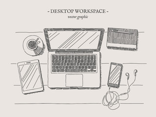 Workplace with laptop, notebook, smartphone, tablet and cup of coffee vector drawn illustration on grey background